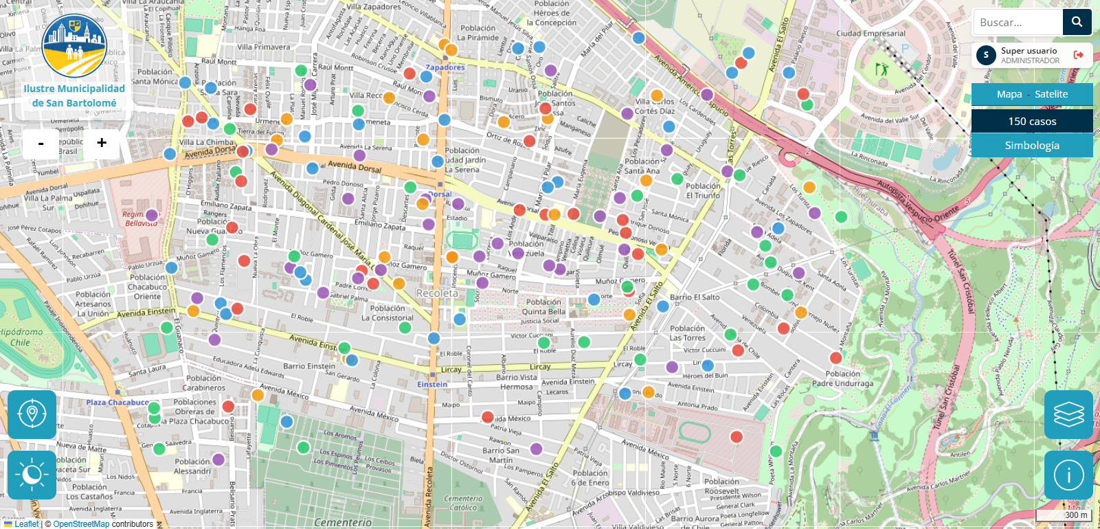 Vista del mapa CUIDAP con casos georreferenciados